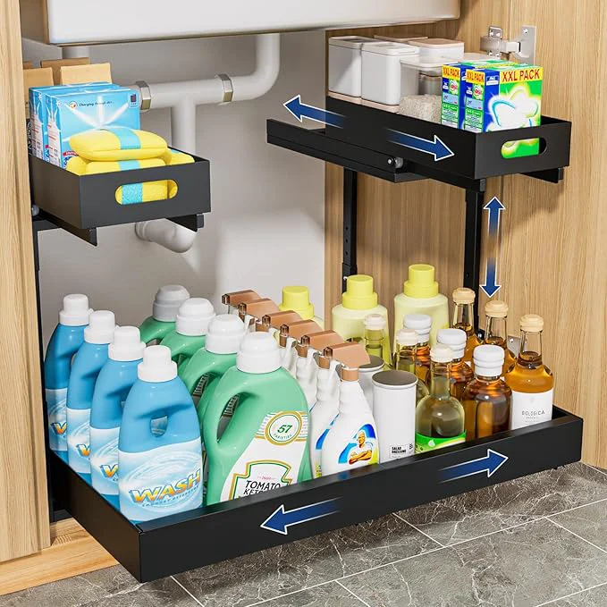 Easy-to-Use Insputer Upgrade Expandable Under Sink Organizer 2 Tier Metal Under Cabinet Storage with 3 Slide Rails Height Adjustable Thickened Pull Out Drawer Shelf for Bathroom Kitchen Laundry PantryAbout ThisOverview Breathable