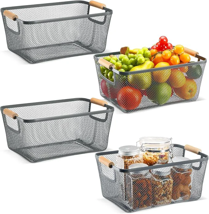 Practical 4 Pcs Metal Wire Basket with Wooden Handles Mesh Steel Storage Organizer Bin Containers for Home Organizing Cabinet Pantry Closet Kitchen Fridge Fruit Makeup Snacks Gifts Medium Dark Gray About ThisOverview Elite