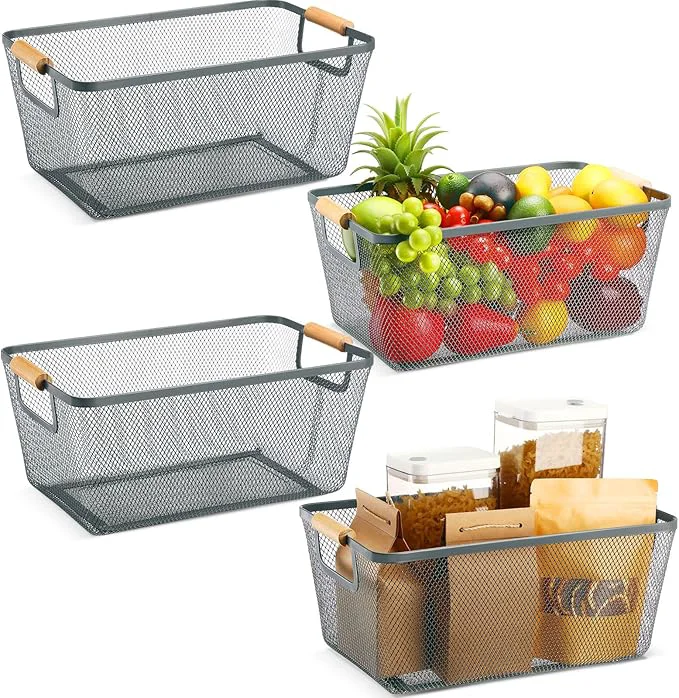 Organic 4 Pcs Metal Wire Basket with Wooden Handles Mesh Steel Storage Organizer Bin Containers for Home Organizing Cabinet Pantry Closet Kitchen Fridge Fruit Makeup Snacks Gifts Large Dark Gray About ThisOverview High-Performance