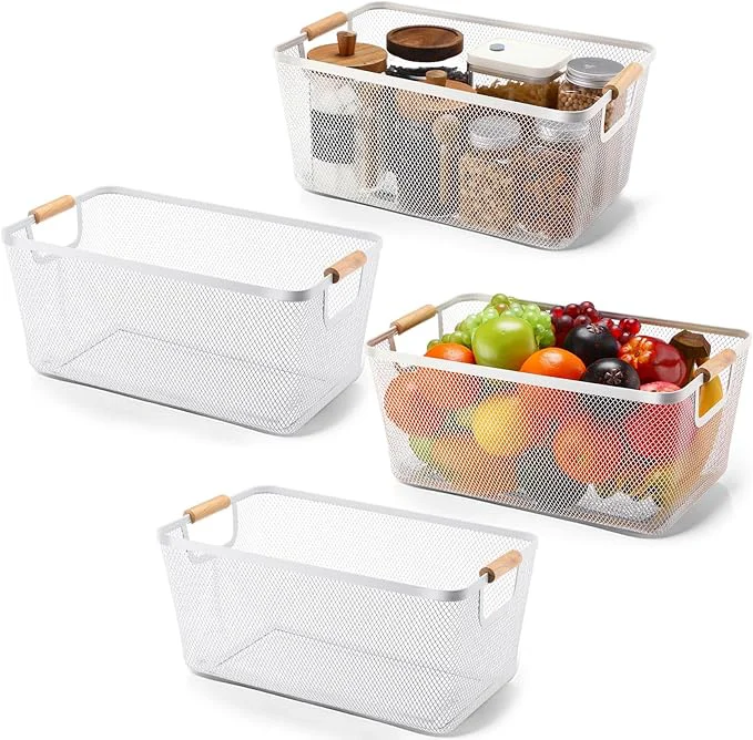 Next-Generation 4 Pcs Metal Wire Basket with Wooden Handles Mesh Steel Storage Organizer Bin Containers for Home Cabinet Pantry Closet Kitchen Fridge Fruit Makeup Snacks Gifts Extra Large Cream White About ThisOverview Trusted