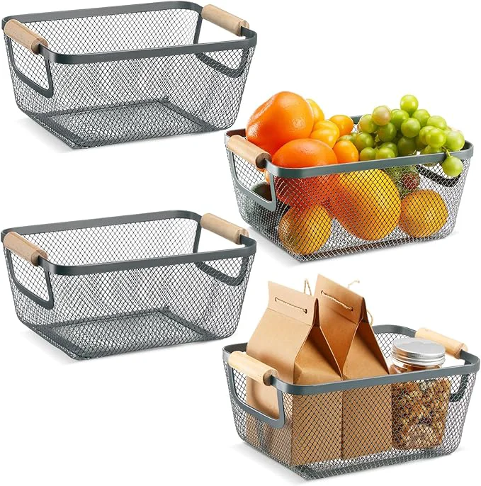 Dependable 4 Pcs Metal Wire Basket with Wooden Handles Mesh Steel Storage Organizer Bin Containers for Home Organizing Cabinet Pantry Closet Kitchen Fridge Fruit Makeup Snacks Gifts Small Dark Gray About ThisOverview Enhanced