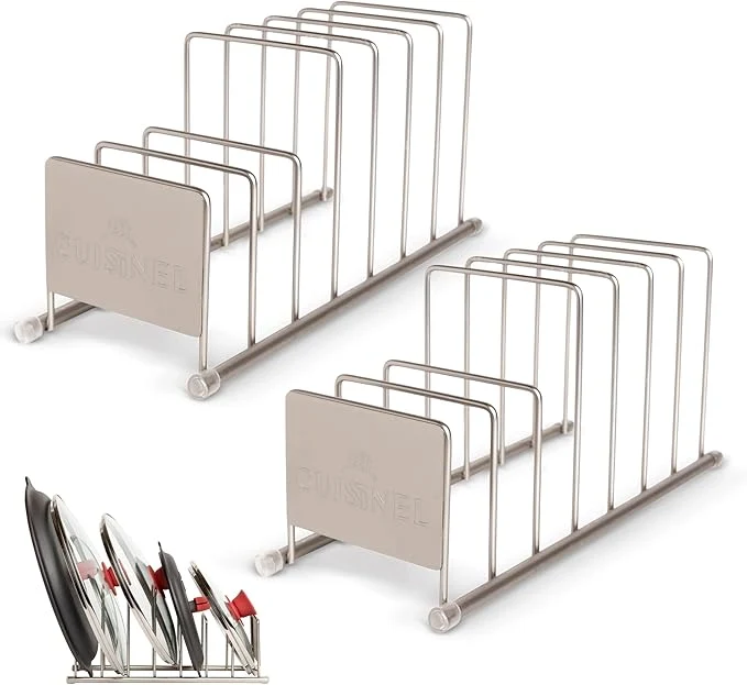 Consistent Cuisinel Lid and Dish Organizer Rack - 2-Pack Satin Nickel Kitchen Storage Organization Stand - Plate Holder Pan Pot Covers Cutting Board and Cookie Sheet Divider - 7-Tier Cabinet Counter DisplayAbout ThisOverview Excellent