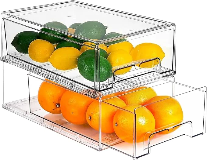 Flexible bealy 2 Pack Stackable Clear Storage Drawer Clear Refrigerator Organizers and Storage Drawer Pull Out Drawer for Fridge Kitchen Bathroom Cabinet Closet Office OrganizerAbout ThisOverview Pure