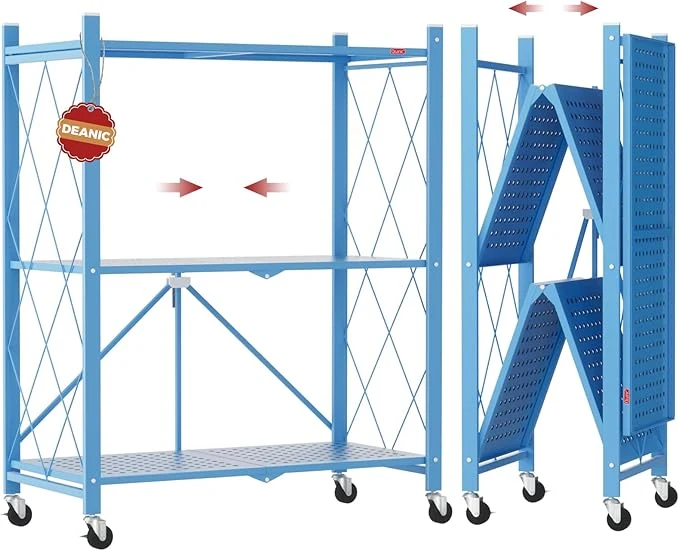 Expertly Made DEANIC 3 Tier Foldable Storage Shelves with Wheels Kitchen Appliance Stand standing Metal Wire Shelf Rack No Assembly Organizer Rolling Cart for Garage Basement Pantry Blue About ThisOverview Fashionable