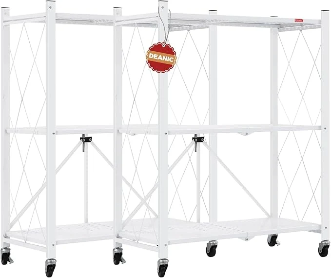 Elegant DEANIC 3 Tier Foldable Storage Shelves with Wheels Large Capacity Shelving Unit standing Metal Wire Shelf Rack No Assembly Organizer Rack for Garage Kitchen Basement Pantry White Pack of 2 About ThisOverview Casual