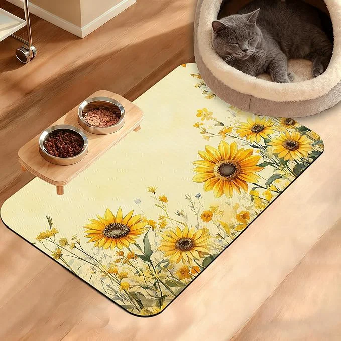 Easy-to-Use Yellow Floral Feeding Mat Sunflower Absorbent Quick-Dry Cat Dog Food and Water Top-Quality