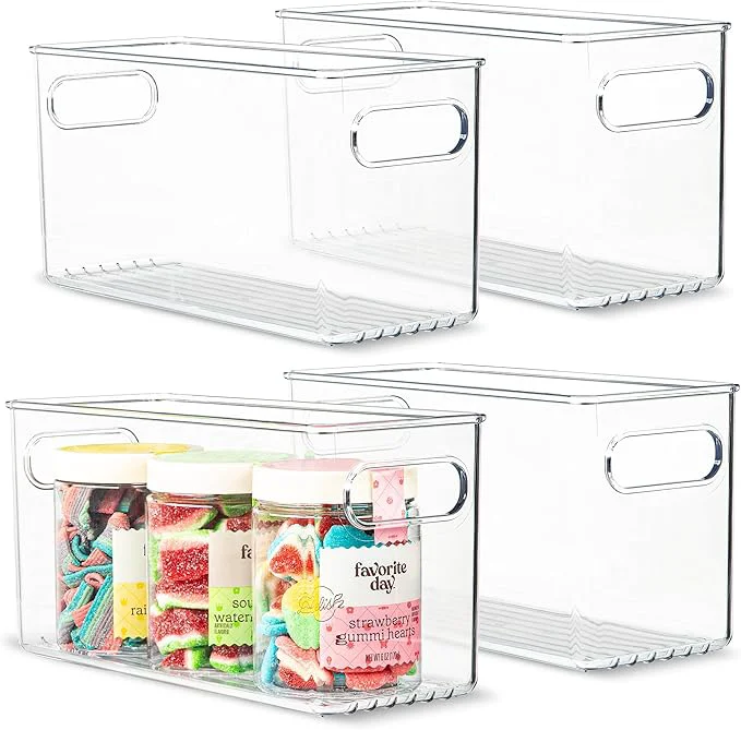 Secure Plastic Food Storage 4 Pack Clear Container Bin with Handles for Organizing Kitchen Pantry Refrigerator zer Pantry Cabinet Closet Bathroom. 10 x4 x5 About ThisOverview Exclusive