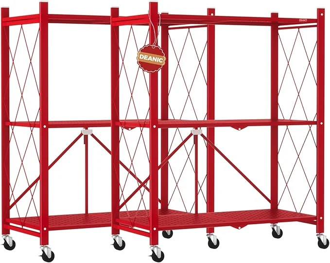 Smart DEANIC 3 Tier Foldable Storage Shelves with Wheels Kitchen Appliance Stand standing Metal Wire Shelf Rack No Assembly Organizer Rolling Cart for Garage Basement Pantry Red Pack of 2 About ThisOverview High-End