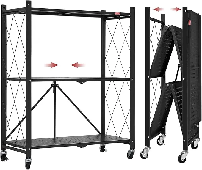 Versatile DEANIC 3 Tier Foldable Storage Shelves with Wheels Kitchen Appliance Stand standing Metal Wire Shelf Rack No Assembly Organizer Rolling Cart for Garage Basement Pantry Black About ThisOverview Specialty