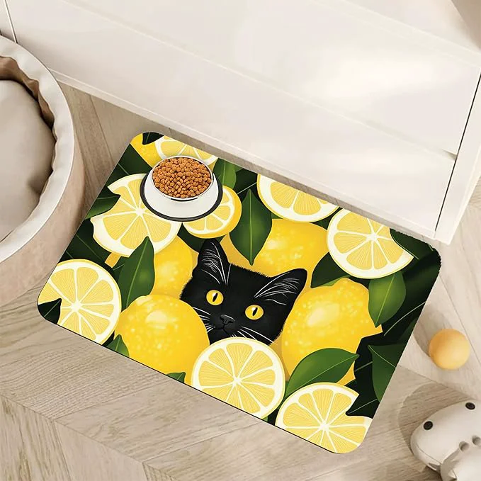 Carefully Designed Black Cat Funny Dog Food Mat for Floors Lemon Absorbent Pet Food and Water Flexible