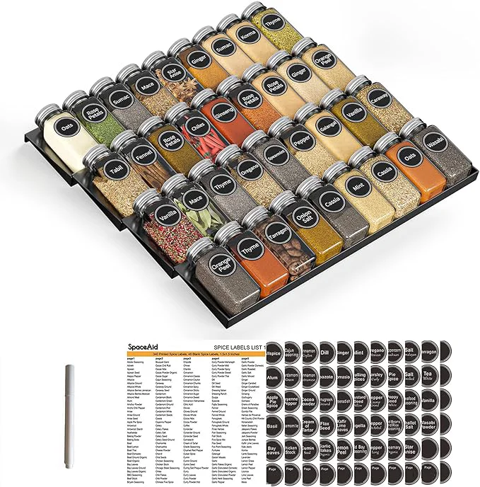 Responsible SpaceAid Spice Drawer Organizer with 36 Spice Jars 386 Spice Labels 4 Tier Seasoning Rack Tray Insert for Kitchen Drawers 16.75 Wide x 17.5 DeepAbout ThisOverview Carefully Designed