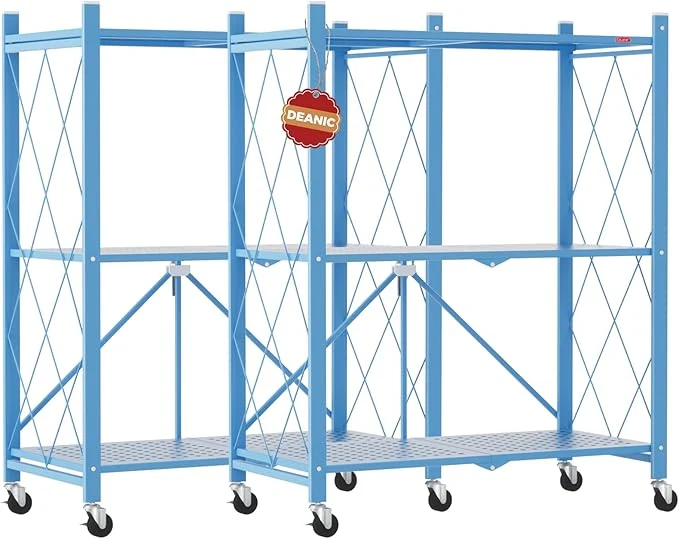 Quality DEANIC 3 Tier Foldable Storage Shelves with Wheels Kitchen Appliance Stand standing Metal Wire Shelf Rack No Assembly Organizer Rolling Cart for Garage Basement Pantry Blue Pack of 2 About ThisOverview Official