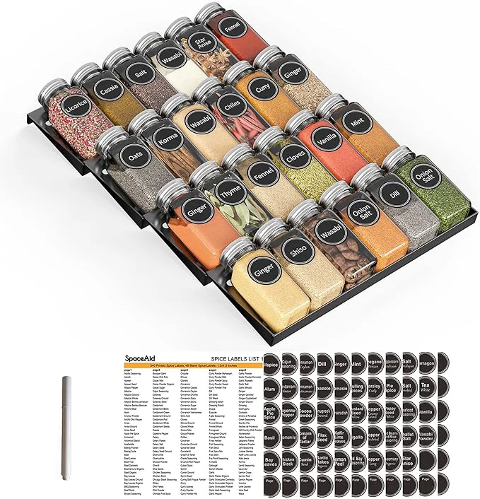 Specialty SpaceAid Spice Drawer Organizer with 24 Spice Jars 386 Spice Labels 4 Tier Seasoning Rack Tray Insert for Kitchen Drawers 11.25 Wide x 17.5 DeepAbout ThisOverview Top-Quality