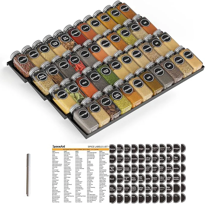 Sustainable SpaceAid Spice Drawer Organizer with 44 Spice Jars 386 Spice Labels 4 Tier Seasoning Rack Tray Insert for Kitchen Drawers 20.25 Wide x 17.5 DeepAbout ThisOverview Top-Quality
