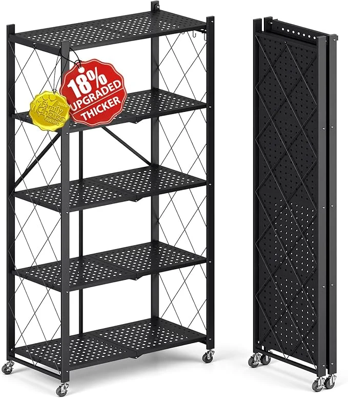 Superior Upgraded 18 Thickened Portable 5-Tier Foldable Storage Shelves with Wheels Heavy Duty Storage Shelf Collapsible Shelves Unit Display for Garage Storage Kitchen Pantry Closet Organizer BlackAbout ThisOverview First-Class