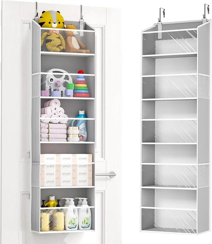 Versatile ULG Clear Over The Door Organizer 5-Tier Hanging Storage with 4 Side Pockets Back of Door Organizer for Pantry Bathroom Nursery Light GreyAbout ThisOverview Stylish