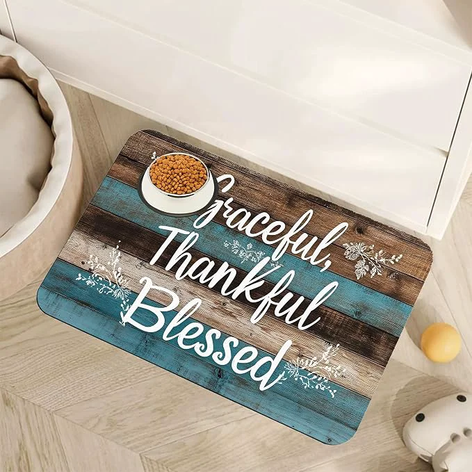 Exceptional Thankful Grateful Blessed Dog Cat Food Mat Vintage Wooden Absorbent Pet Verified
