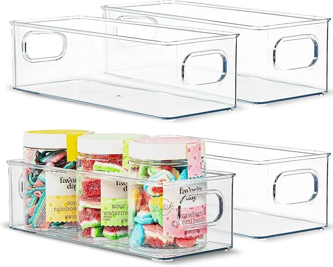 Solid Plastic Food Storage 4 Pack Clear Container Bin with Handles for Organizing Kitchen Pantry Fridge zer Pantry Bathroom. 10 x4 3 About ThisOverview Sustainable