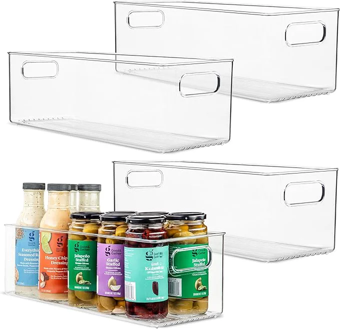 Comfortable Plastic Food Storage 4 Pack Clear Container Bin with Handles for Organizing Kitchen Pantry Refrigerator zer Pantry Cabinet Closet Bathroom. 16 x6 x5 About ThisOverview High-End