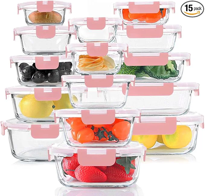 Prestigious KOMUEE 30 Pieces Glass Food Storage Containers Set Meal Prep Containers Set with Snap Locking Lids Airtight Glass lunch Containers Microwave Oven zer Dishwasher PinkAbout ThisOverview Casual