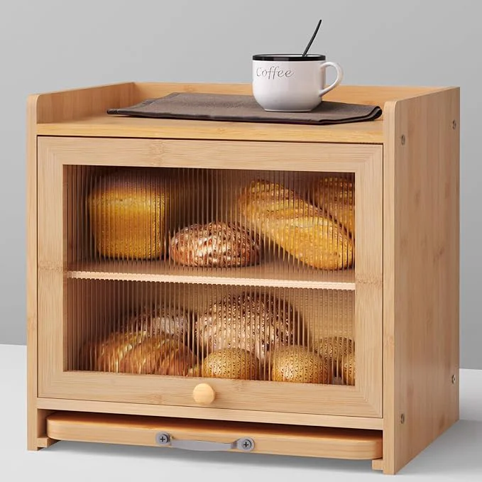 Exclusive Bamboo Bread Box for Kitchen Countertop Double Layer Kitchen Counter Organizers and Storage for Fruits Tea Spices Coffee Vintage Bread Bin Container with Cutting Board NaturalAbout ThisOverview Clean