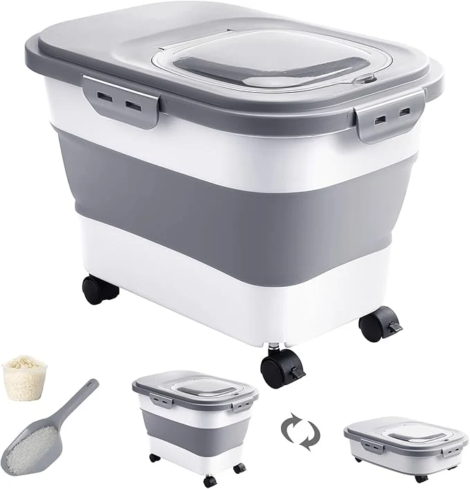 Flexible 20-30 Lbs Rice Storage Container Collapsible Food Storage Containers with Rolling Wheel Airtight Locking Lid Flour Storage Container with Cup and Scoop Suitable for Food Rice Pet Food FlourAbout ThisOverview Healthy