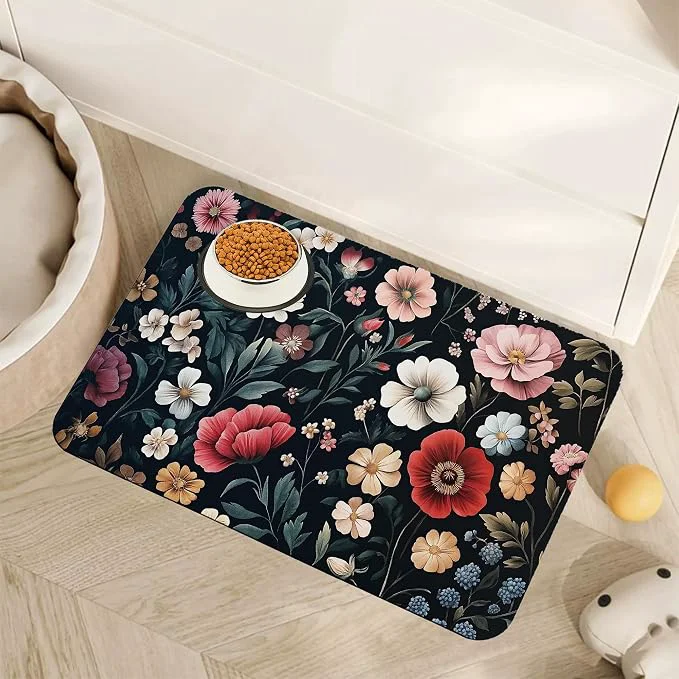 Dependable Floral Boho Dog Cat Food Mat Non-Slip Water Bowl Placemat Indoor Pet Reusable
