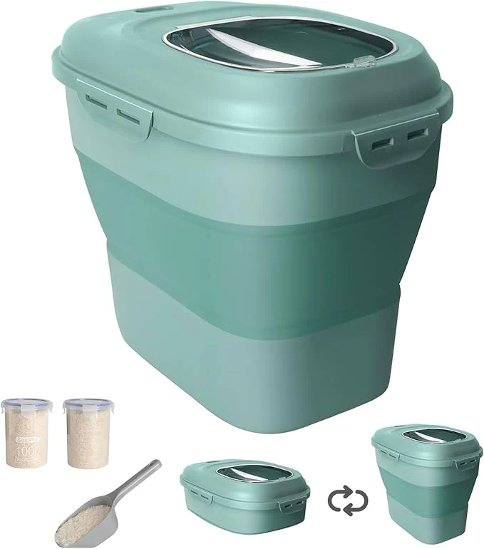 Professional 20-50 Lbs Food Storage Containers Collapsible Rice Container with Wheel Airtight Locking Lid Flour Storage Container with Small Food Jar and Scoop Suitable for Food Rice Pet Food FlourAbout ThisOverview Environmentally Friendly