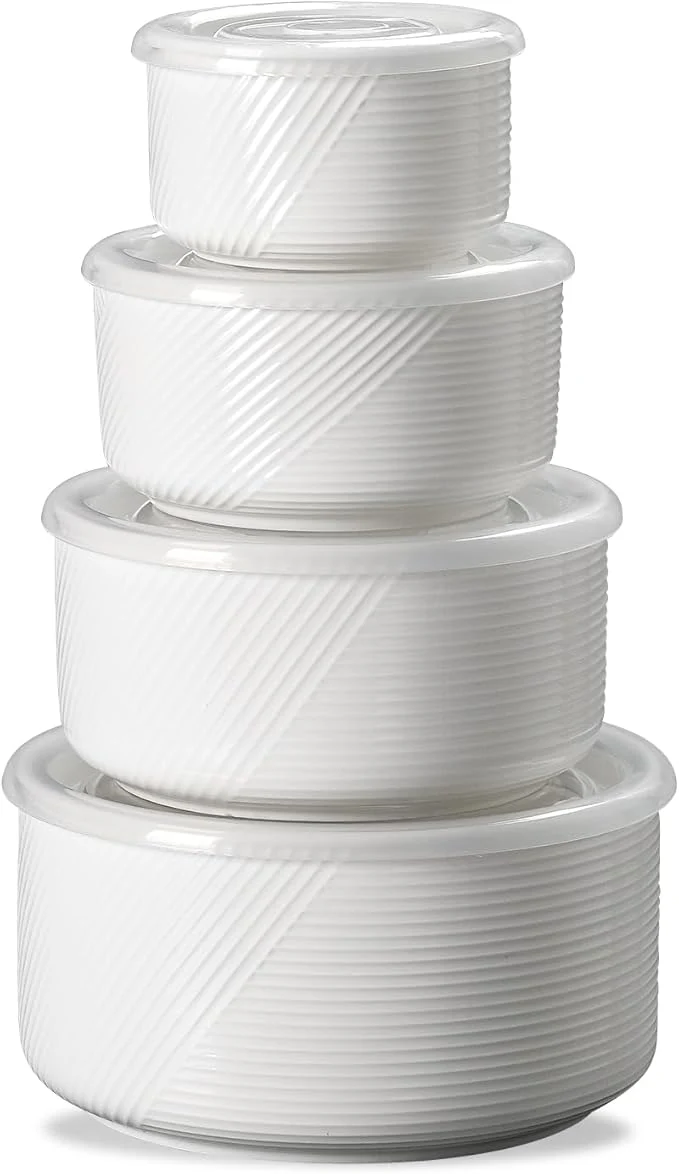 Secure Ceramic Nesting Bowls with Lids Mixing Bowls with Lids - Porcelain Food Storage Containers For Prep and Serving Microwavable Kitchen Bowl Set of 4 50 32 20 10 oz White About ThisOverview Relaxed