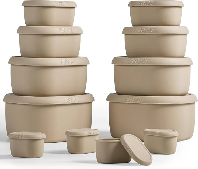 Durable ISSEVE 12Pcs Set Nesting Silicone Food Storage Containers with Lids BPA Reusable Meal Prep Silicone Containers Airtight zer Dishwasher Safe 33.8oz 20oz 10oz 6.7oz 1.3oz Beige About ThisOverview Next-Generation