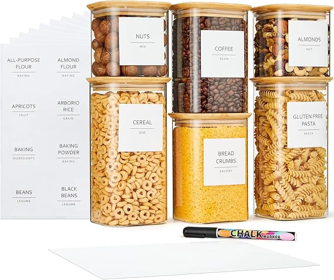 Exclusive Talented Kitchen Square Glass Food Storage Containers - Airtight Labeled Glass Kitchen Storage Containers - Space-Saving Stackable Square Pantry Jars - Pack of 6 24 37 51 fl ozAbout ThisOverview Long-Lasting