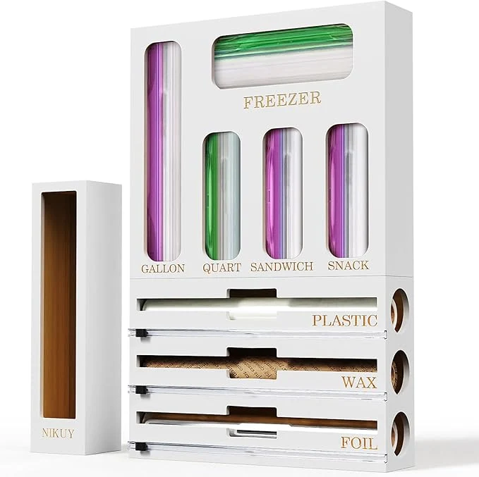 Excellent Bamboo Foil and Plastic Wrap Organizer for Kitchen Drawer 2024 New 9 in 1 Plastic Bag Organizer Organization and Storage Food Storage Bag Organizer with Labels for Quart Gallon Snack White About ThisOverview Original