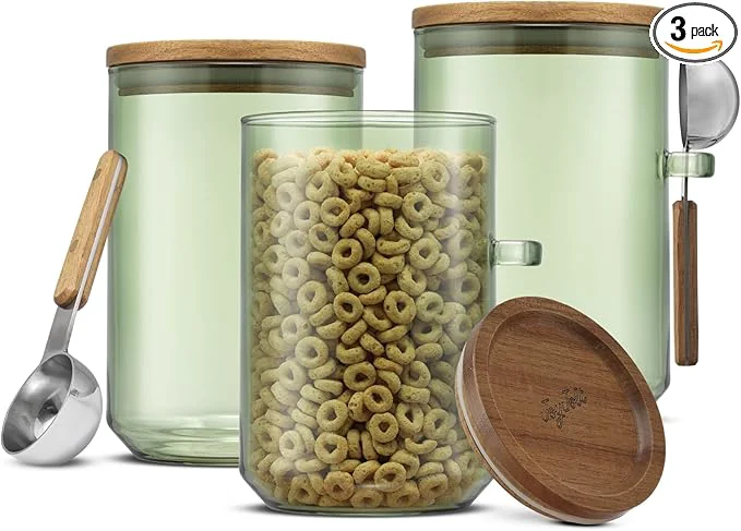 Effective JoyJolt Holden 32oz Stackable Glass Storage Containers with Lids and Scoops Airtight Food Canister Set of 3 w Acacia Wood Lids Round Stacking Pantry and Kitchen Containers w Scoop Sage GreenAbout ThisOverview Premium