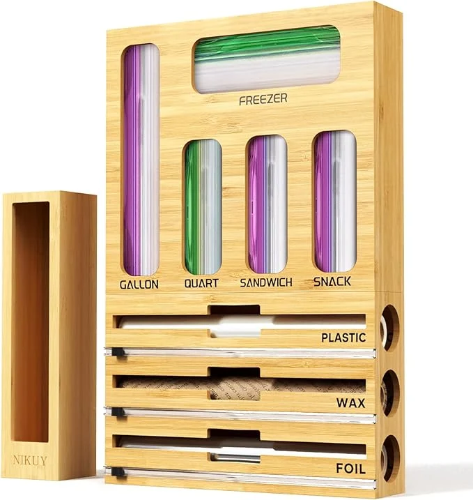 User-Friendly 9 IN 1 Bamboo Foil and Plastic Wrap Organizer for Kitchen Drawer Plastic Bag Organizer Organization and Storage Food Storage Bag Organizer with Labels for Quart Gallon Snack Sandwich BagAbout ThisOverview High-Quality