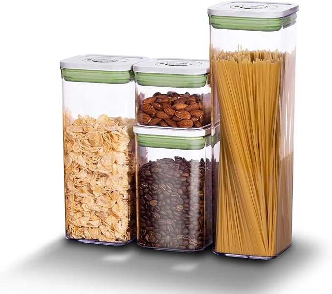 Artisan linoroso Set of 4 Pop Airtight Food Storage Containers with Date Recording Lids Stackable Plastic Kitchen Storage Containers Dry Ce Container Set for Pantry Countertop Fridge OrganizationAbout ThisOverview Innovative