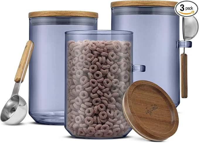 Durable JoyJolt Holden 32oz Stackable Glass Storage Containers with Lids and Scoops Airtight Food Canister Set of 3 w Acacia Wood Lids Round Stacking Pantry and Kitchen Containers w Scoop Smoke BlueAbout ThisOverview Genuine