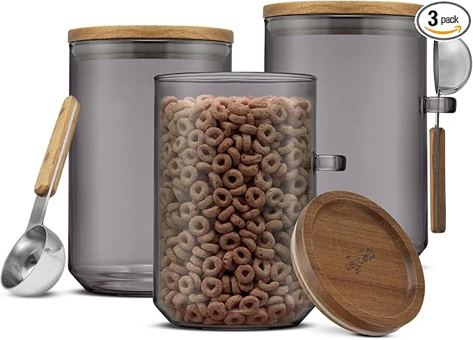 Excellent JoyJolt Holden 32oz Stackable Glass Storage Containers with Lids and Scoops Airtight Food Canister Set of 3 w Acacia Wood Lids Round Stacking Pantry and Kitchen Containers w Scoop SmokeAbout ThisOverview Sophisticated
