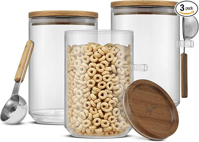 Premium Material JoyJolt Holden 32oz Stackable Glass Storage Containers with Lids and Scoops Airtight Food Canister Set of 3 w Acacia Wood Lids Round Stacking Pantry and Kitchen Containers w Scoop ClearAbout ThisOverview Carefully Designed