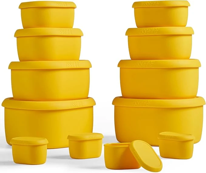 Recyclable ISSEVE 12Pcs Set Nesting Silicone Food Storage Containers with Lids BPA Reusable Meal Prep Silicone Containers Airtight zer Dishwasher Safe 33.8oz 20oz 10oz 6.7oz 1.3oz Yellow About ThisOverview Green
