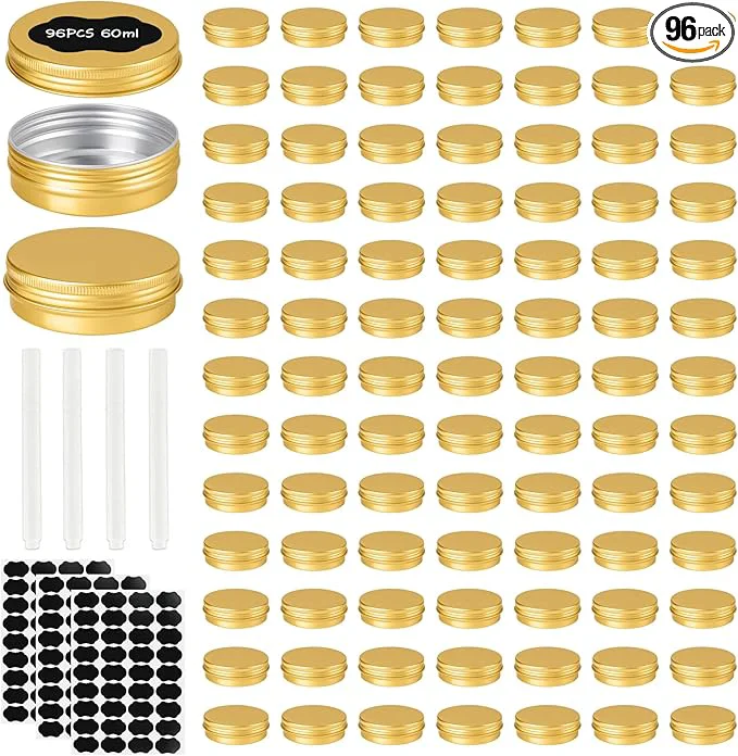 Healthy 96 Pack Round Cans with Screw Lid 2 Oz Aluminum Metal Tins DIY Food Candle Containers for Lotion Bars Balms Salve Spices Beard Balm Crafts with 4 Markers 3 Sheets Label Stickers Gold About ThisOverview Authentic