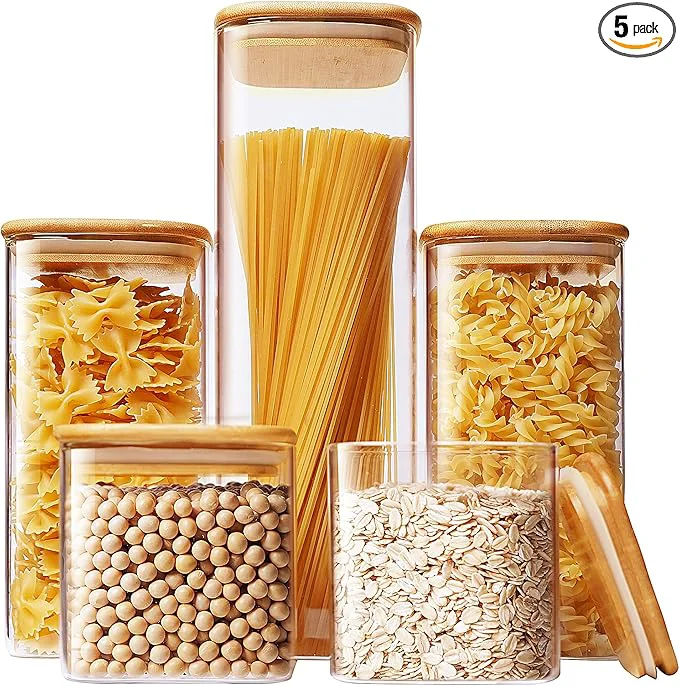 Fine Crafted Square Glass Jars with Bamboo Lids Muti Size Set of 5 Glass Canisters with Airtight Lids Glass Food Storage Containers for Pasta Ce Flour Sugar for Kitchen PantryAbout ThisOverview High-Quality