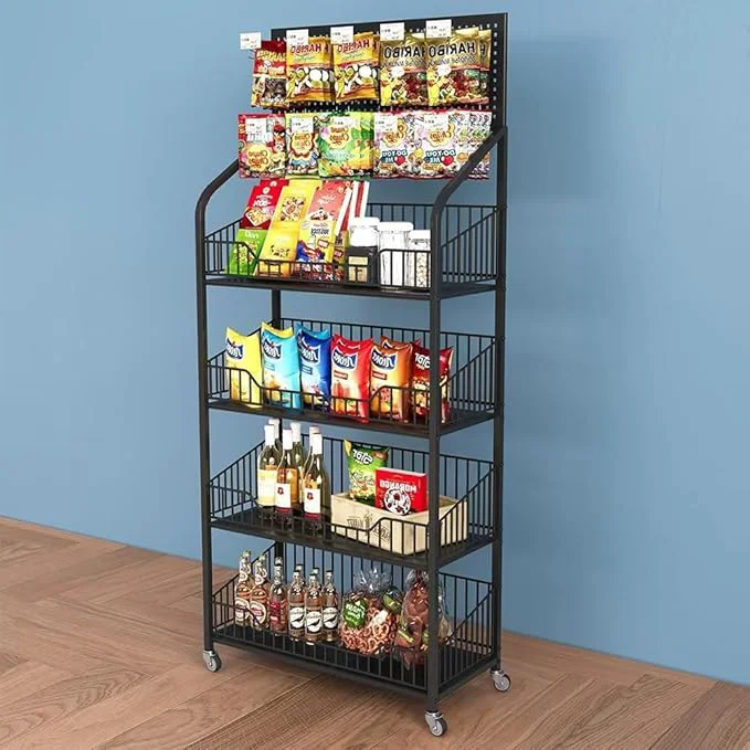 Premium Material Retail Snack Display Stand 4-Tier Retail Display Shelves Candy Display Shelf Cart with Wheels Hooks Metal Snack Rack Organizer for Pantry Kitchen Supermarket Store HomeAbout ThisOverview Smooth