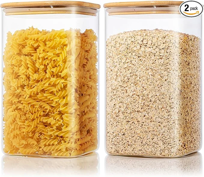 Sophisticated Extra Large Square Glass Flour Sugar Storage Containers with Airtight Lids 168oz 2 Pack Glass Jars with Bamboo Lids Air tight Pantry Food Storage Containers for Ce Pasta Rice OrganizersAbout ThisOverview Relaxed