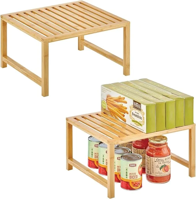Pure mDesign Wooden Stackable Storage Shelf - Food and Kitchen Organizer for Cabinet Pantry Shelves Countertop Cabinet - Echo Collection - 2 Pack - Natural BambooOverview Exclusive