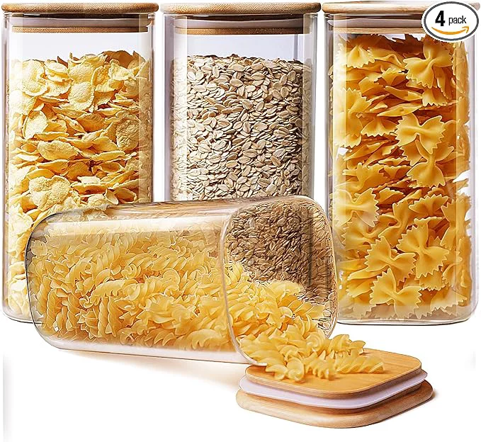Selected Square Glass Jars with Bamboo Lids 53 FL OZ Set of 4 Glass Canisters with Airtight Lid Glass Food Storage Containers for Pasta Ce Coffee Flour Sugar for Kitchen PantryAbout ThisOverview Consistent