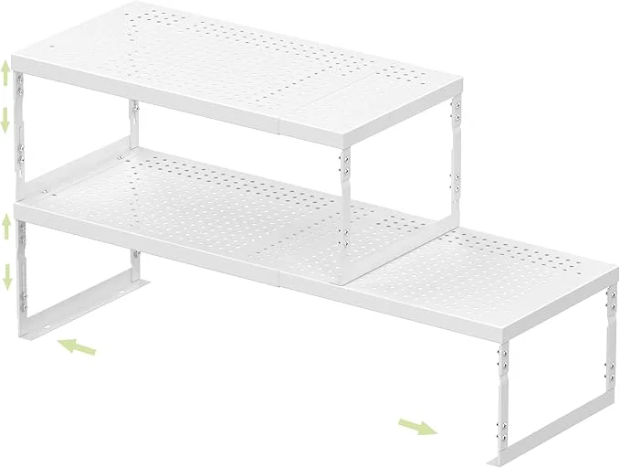 Carefully Designed Adjustable Stackable Metal Storage Shelf Organizer - Expandable Wire Rack with Perforations for Kitchen Pantry Bathroom Cabinet Office-Compact Durable Sturdy 2PACKS Medium White About ThisOverview Convenient