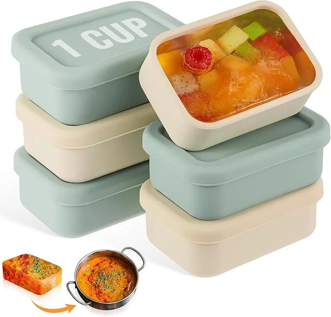 Detailed 6 Packs 1 Cup Silicone Soup zer Molds with Lid Silicone Soup zer Trays Rectangle Reusable Food Preserving Tray zing Sauces Stews Sage Green Beige About ThisOverview Breathable