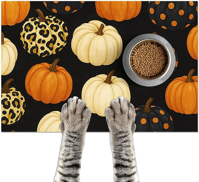 Effective Fall Pumpkin Pet Feeding Mat Thankgiving Theme Dog and Cat Food Mat Non Slip Fast