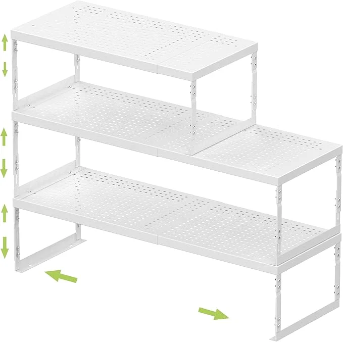 Carefully Designed Adjustable Stackable Metal Storage Shelf Organizer - Expandable Wire Rack with Perforations for Kitchen Pantry Bathroom Cabinet Office-Compact Durable Sturdy 3PACKS Medium White About ThisOverview Efficient