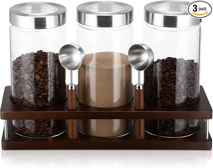 Modern Suclain 3 Pcs Glass Coffee Bean Container 44 oz Airtight Coffee Canister with Shelf and Measuring Spoon Kitchen Food Canister Jar for Sugar Candy Artsy Style Wood Glass Stainless Steel Acrylic About ThisOverview Relaxed